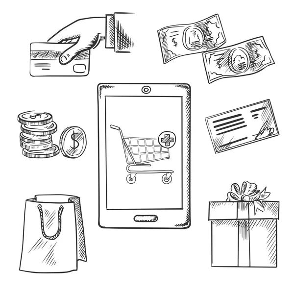E-commerce et boutiques croquis icônes — Image vectorielle