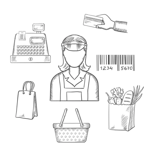 Seller profession and shopping sketched icons — Stock Vector