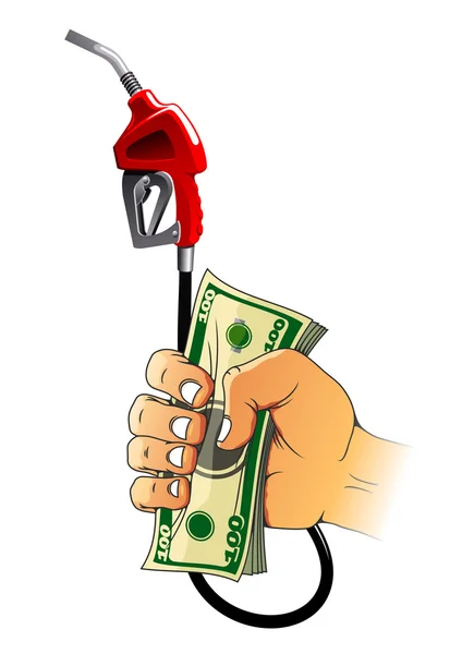 Hand with gasoline pump nozzle and money — 스톡 벡터