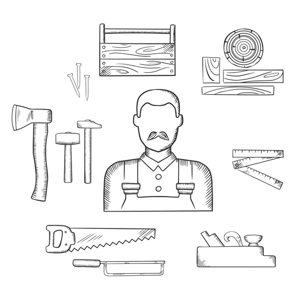 Carpinteiro com madeira e ferramentas ícones esboço —  Vetores de Stock