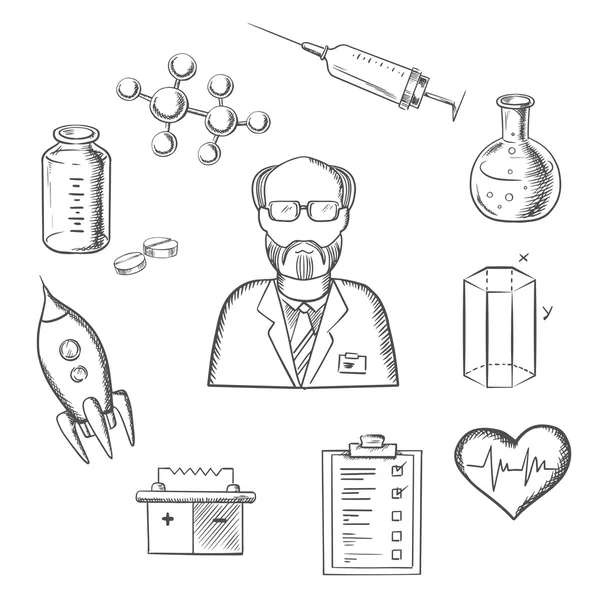 Scientist and science research sketch icons — Stockový vektor