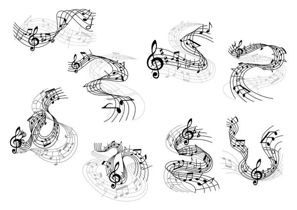 Notas musicales y claves agudas en pentagramas ondulados — Vector de stock