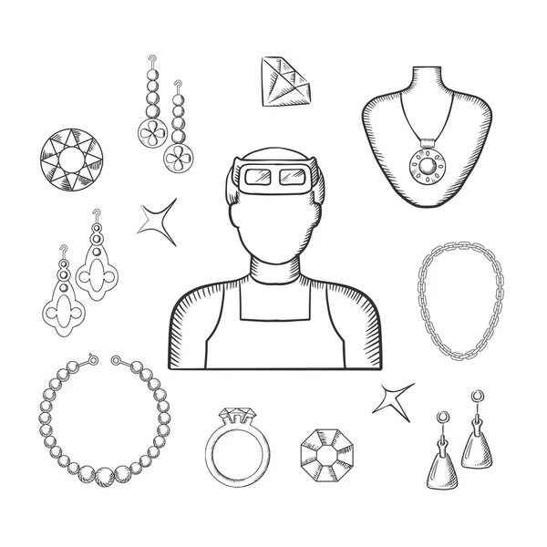 Jeweler or goldsmith with jewelries, sketch style — Stok Vektör