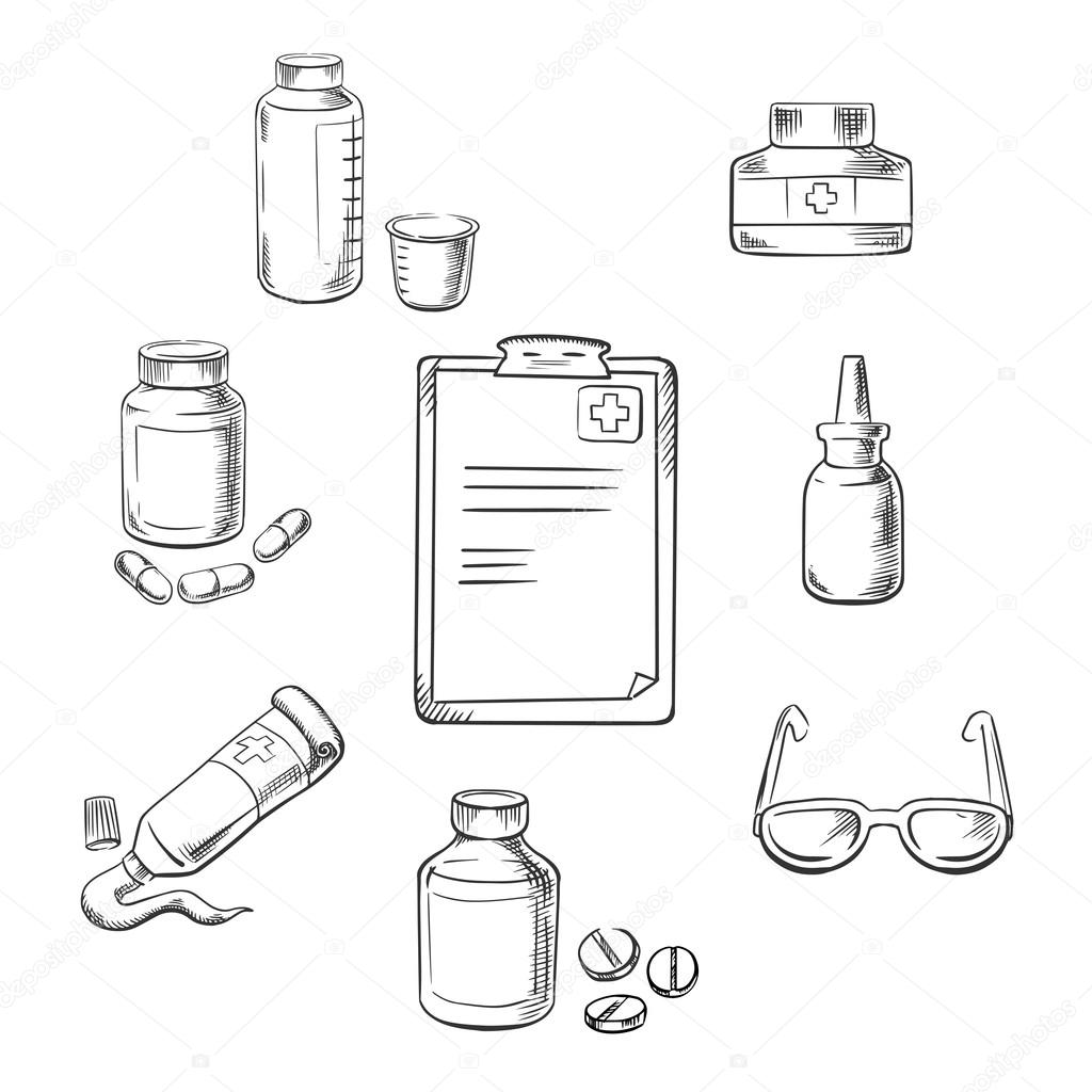 Prescription and medical sketch icons