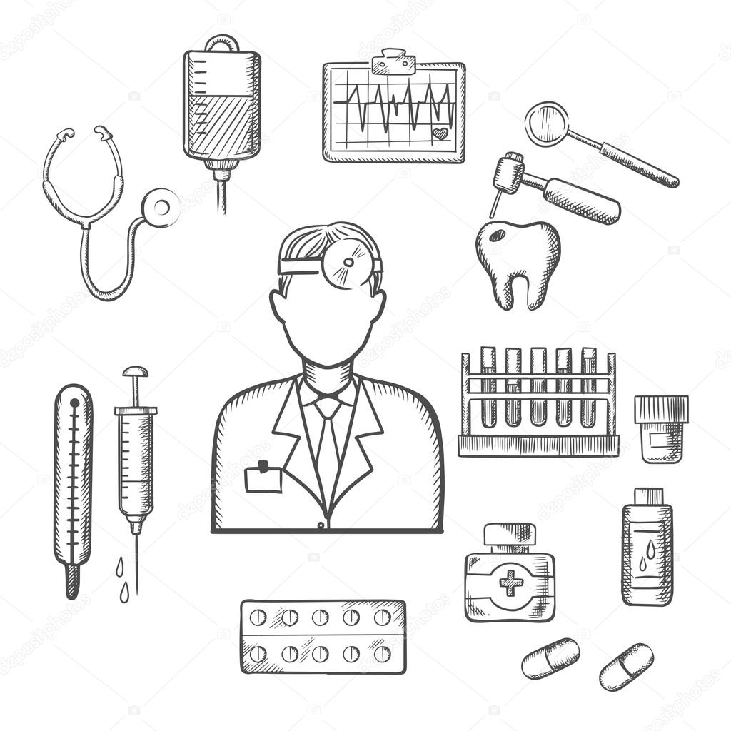 Doctor therapist with medical sketch icons
