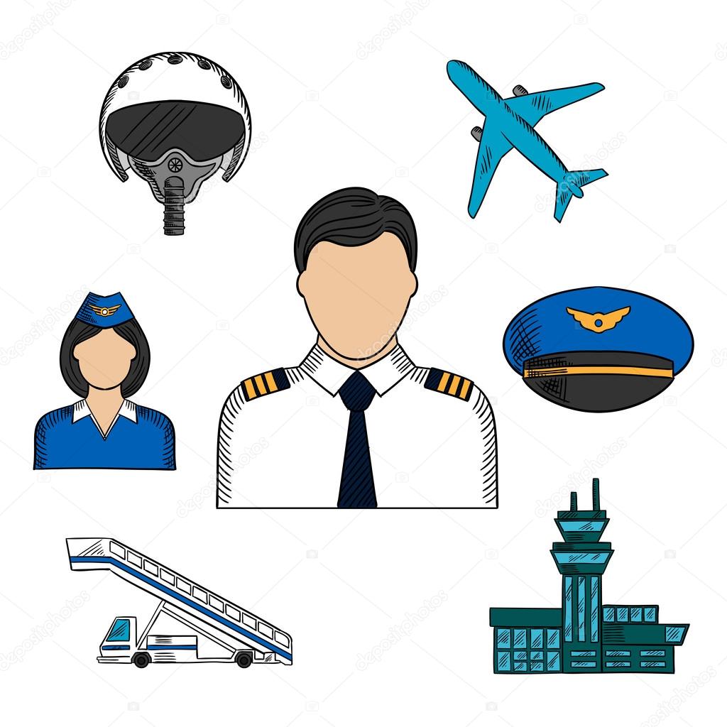 Aviation and aircraft color sketch icons