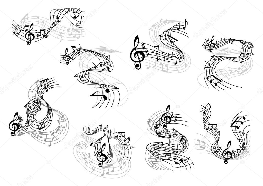 Art and music symbols with black silhouettes of notes and treble clefs on wavy and swirling musical staves. Great for art background, musical or entertainment design