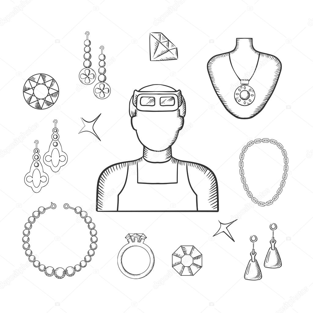 Jeweler or goldsmith with jewelries, sketch style