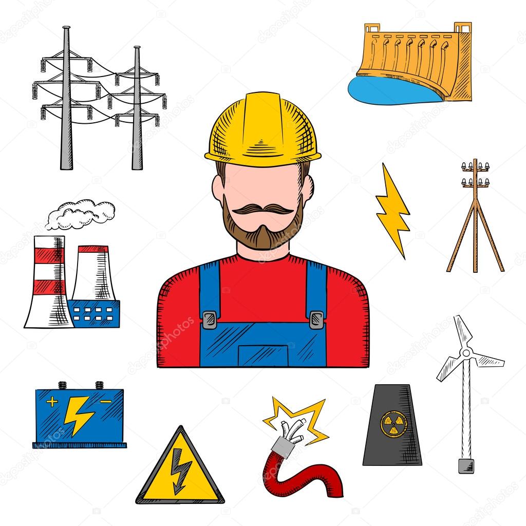 Electricity industry sketch with power icons