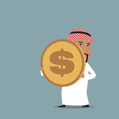 Arabian businessman carrying a golden dollar coin