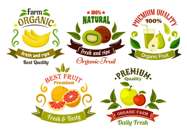 Organic fresh fruits emblems and symbols — Wektor stockowy