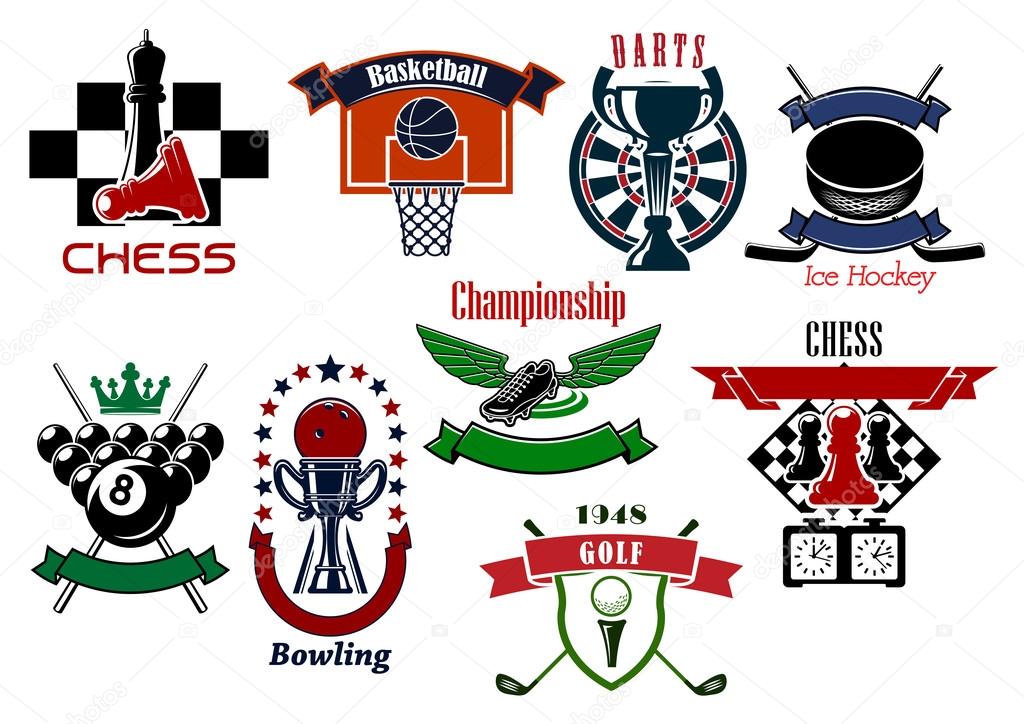 Sport game emblems and symbols in retro style for football or soccer, billiards, golf, ice hockey, chess, basketball, darts and bowling game design. Isolated on white