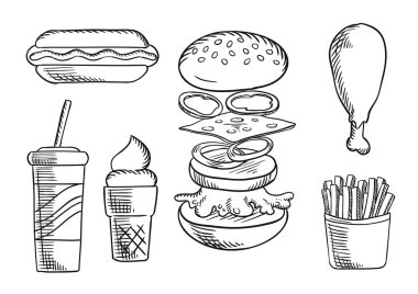Fast food snacks and drink sketch icons