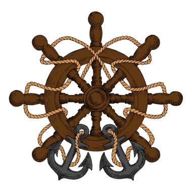 Ships helm with carved handles, rope and anchors