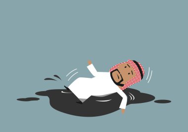 Arabian businessman falling into crude oil puddle