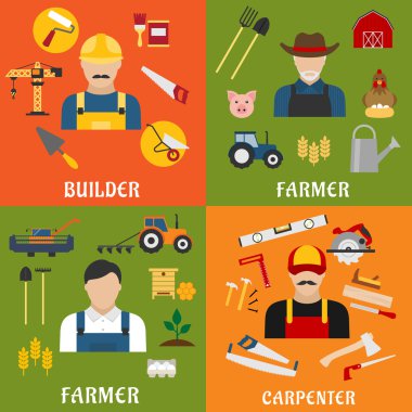 Builder, farmer and carpenter icons
