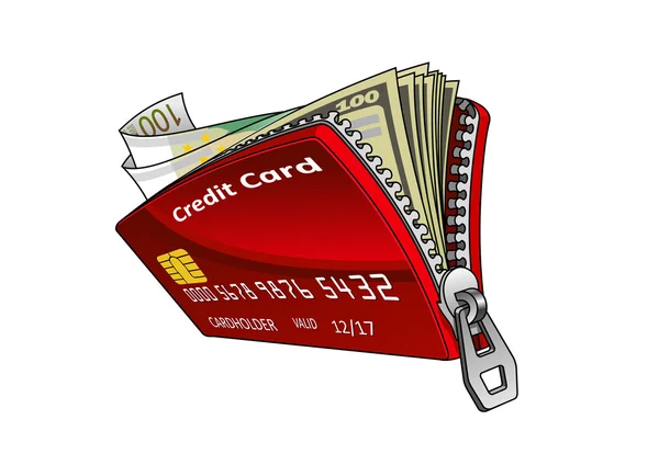 Credit card with dollar and euro bills inside — 스톡 벡터