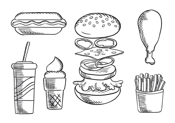 Snacks de comida rápida e iconos de bocetos de bebidas — Vector de stock