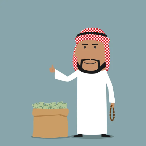 Hombre de negocios árabe con bolsa llena de dinero — Vector de stock