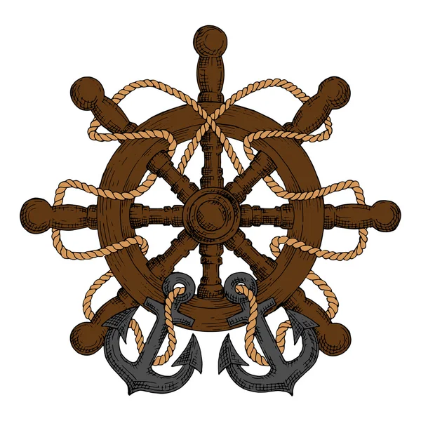 Ships helm with carved handles, rope and anchors — 图库矢量图片