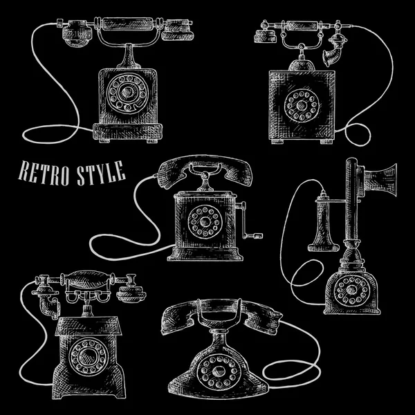 Retro rotary dial telephones chalk sketch icons — Stock Vector