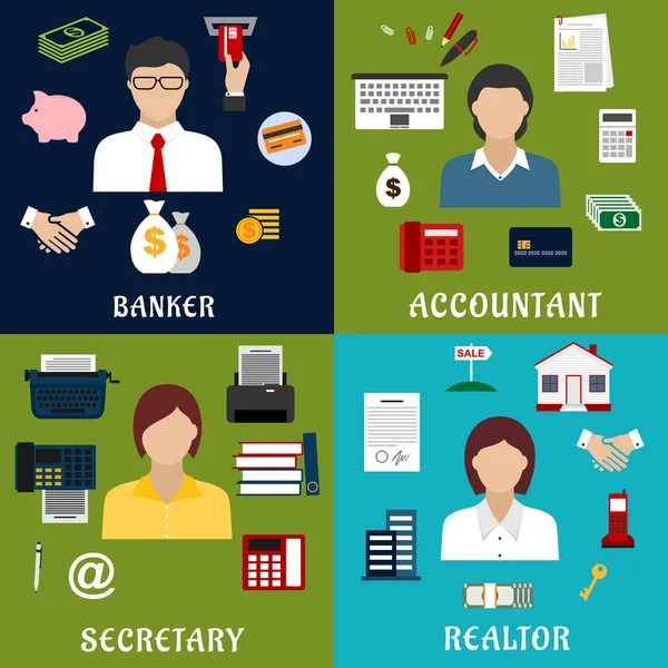 Banker, accountant, secretary and realtor icons — Stockový vektor