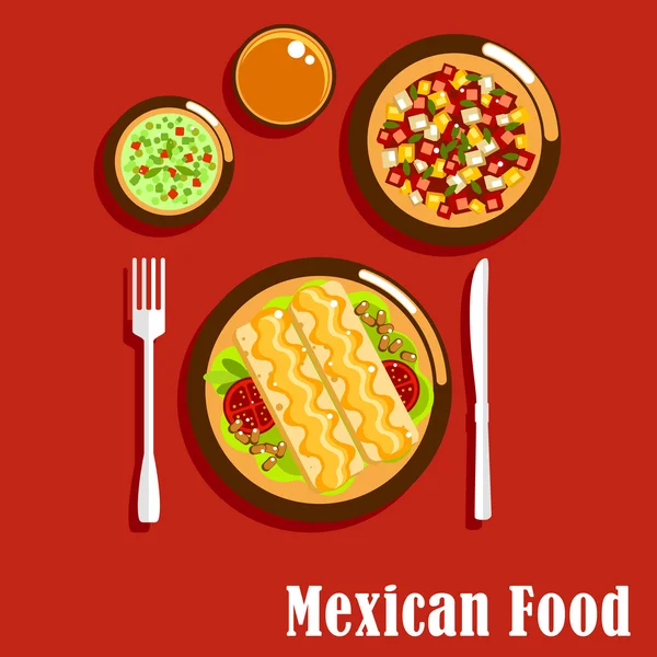 Mexican cuisine with enchiladas and sauces — Stock Vector