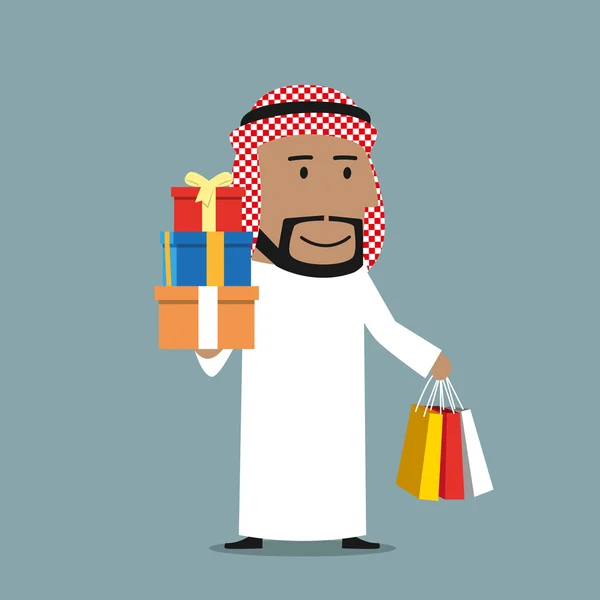 Arabian businessman with shopping bags and gifts — 스톡 벡터