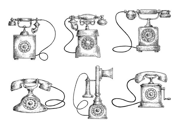 Rotary dial and candlestick phones sketches — Stock Vector