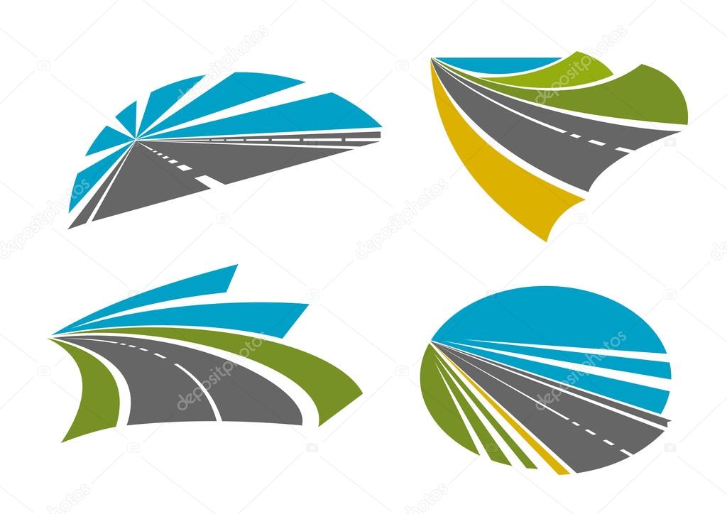 Colorful speedy highway roads and pathway symbols for traveling or transportation design with asphalt road, bright blue sky, mountains, yellow sand and green grassy roadsides, blue lake on the horizon