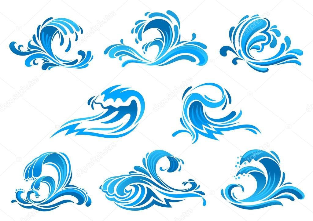 Sea and ocean waves icons set with blue water swirls, surf, splashes and flowing drops. Use as nature emblem, ecology symbol, summer vacation or travel design