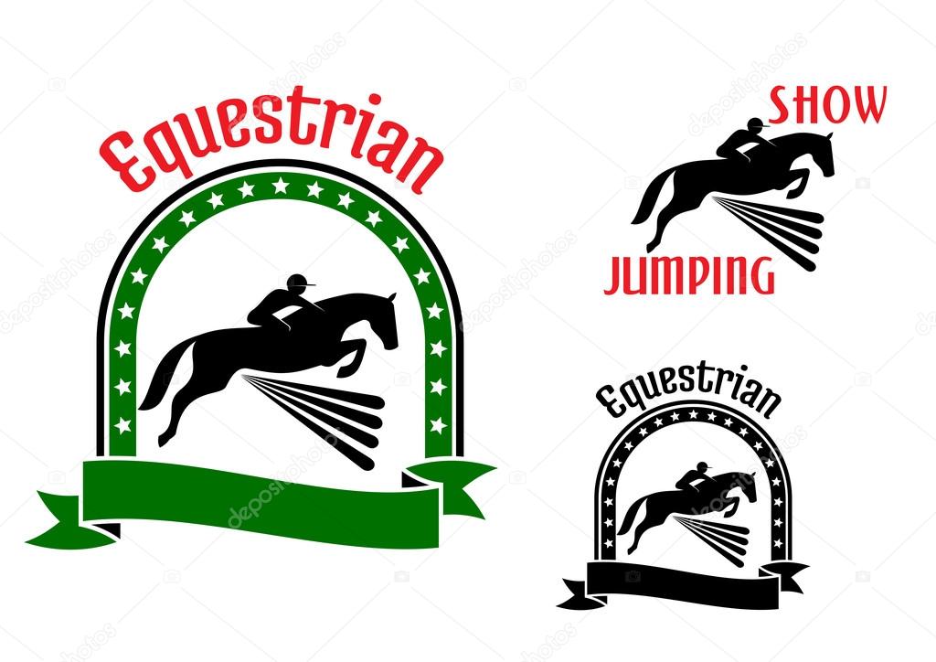 Equestrian sport symbols for show jumping or eventing design with riders and horses jumping over high hurdles. Framed by arch of stars, ribbon banner, text Equestrian or Show Jumping