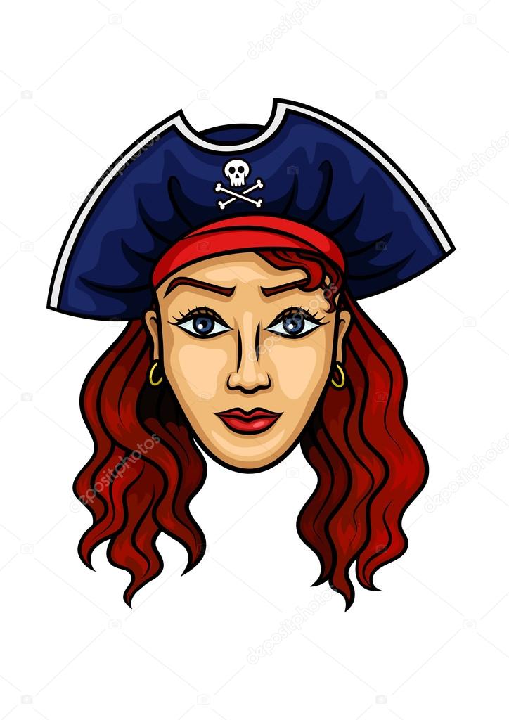 Cartoon pirate woman in hat with Jolly Roger