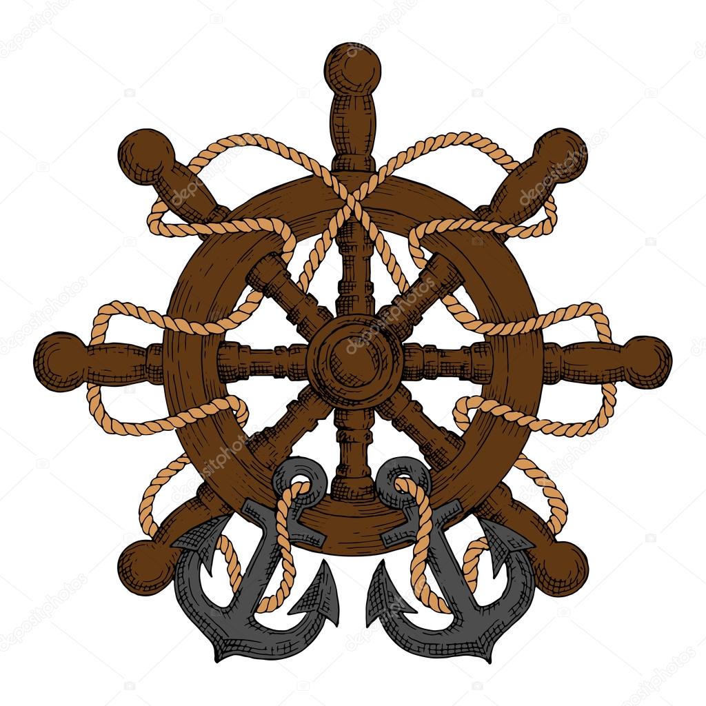 Ships helm with carved handles, rope and anchors