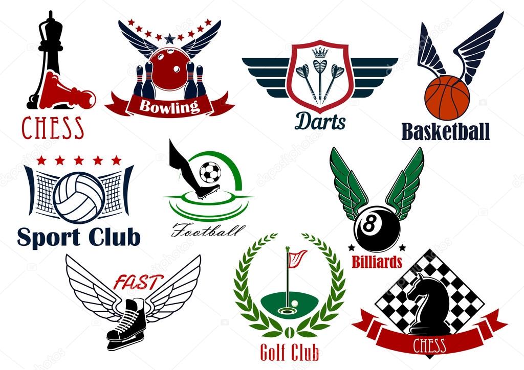Sporting game retro emblems design for competitive sport games such as football or soccer, basketball, ice hockey, golf, chess, volleyball, darts, bowling and billiards