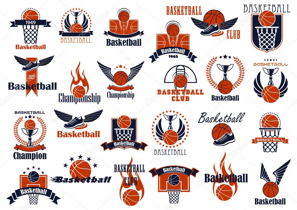 Basketball game emblems in orange and blue colors for sporting design with balls, baskets, courts and trophies, decorated by stars, wings, flames, laurel wreaths and ribbon banners