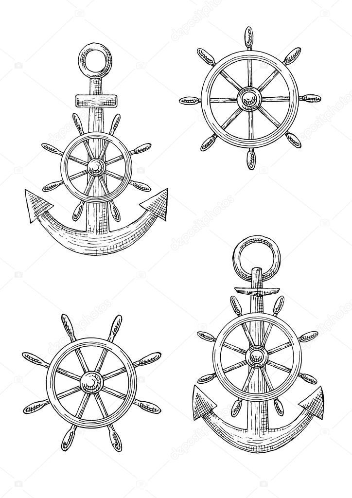 Vintage nautical anchors and helms sketches