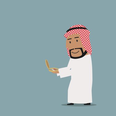 Arab businessman stepping onto compass to success