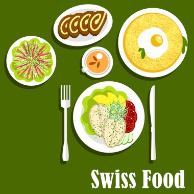 Swiss cuisine with rosti, fish and chocolate roll