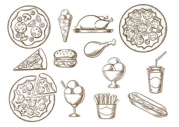 Croquis de restauration rapide, boissons et desserts — Image vectorielle