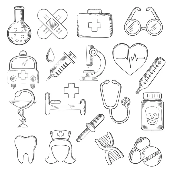 Bocetos de iconos médicos y sanitarios — Vector de stock