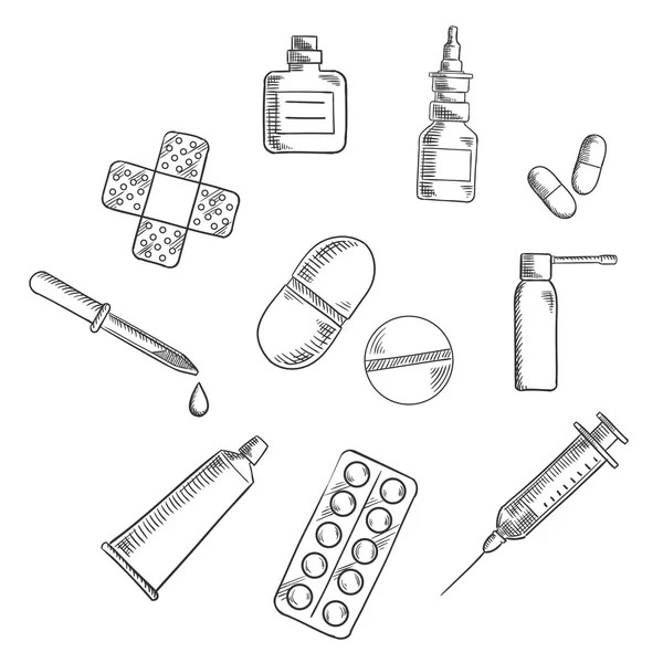 Pills, drugs and medical icons sketches — 스톡 벡터