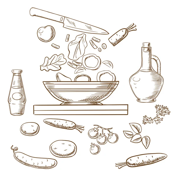 Boceto vectorial del proceso de ensalada de cocina — Vector de stock