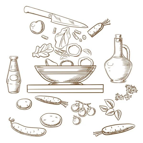 Boceto vectorial del proceso de ensalada de cocina — Archivo Imágenes Vectoriales