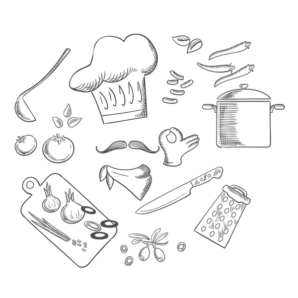 Chef preparing vegetarian salad, sketch icons — Stockvector