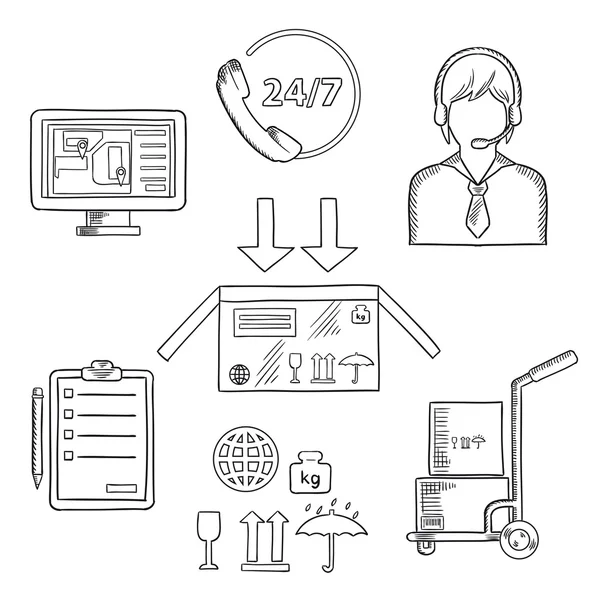 Logistics, shipping and delivery icons sketches — Stockvector