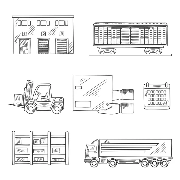 Iconos de boceto de servicio de entrega y almacenamiento — Vector de stock