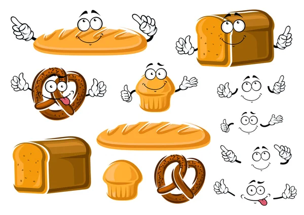 Fresh baked bread loaf, cupcake and pretzel — Stock Vector