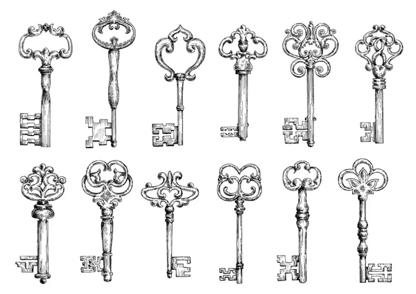 Vintage keys sketches with swirl forging — 스톡 벡터