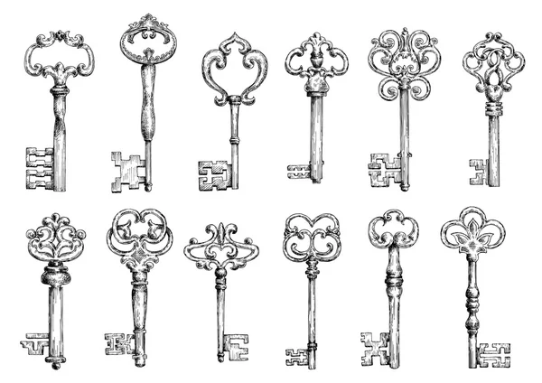 Vintage keys sketches with swirl forging — Stok Vektör